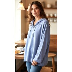 J. Jill Cotton Blend Hooded Pullover Top Light Blue Lace Up Size XL Tall